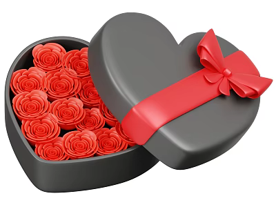 Open Black Heart Shaped Box Filled With Red Roses And Red Ribbon Bow Decoration 3d model