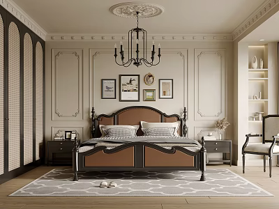 Elegant Classic Bedroom with Wooden Bed Nightstands Chandelier Framed Artwork and Area Rug 3d model