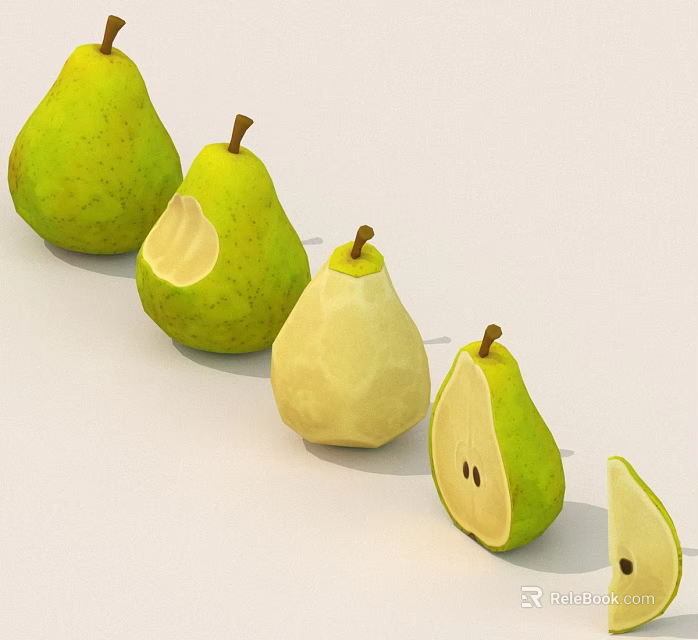 Green Pears Displaying Whole Bitten Peeled Sliced And Cut Varieties 3d model 