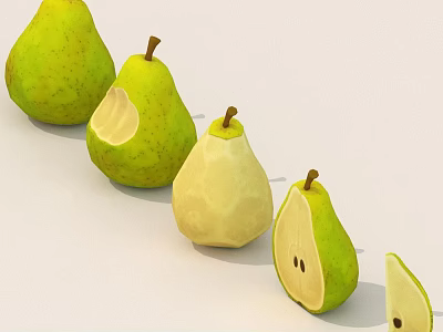 Green Pears Displaying Whole Bitten Peeled Sliced And Cut Varieties 3d model