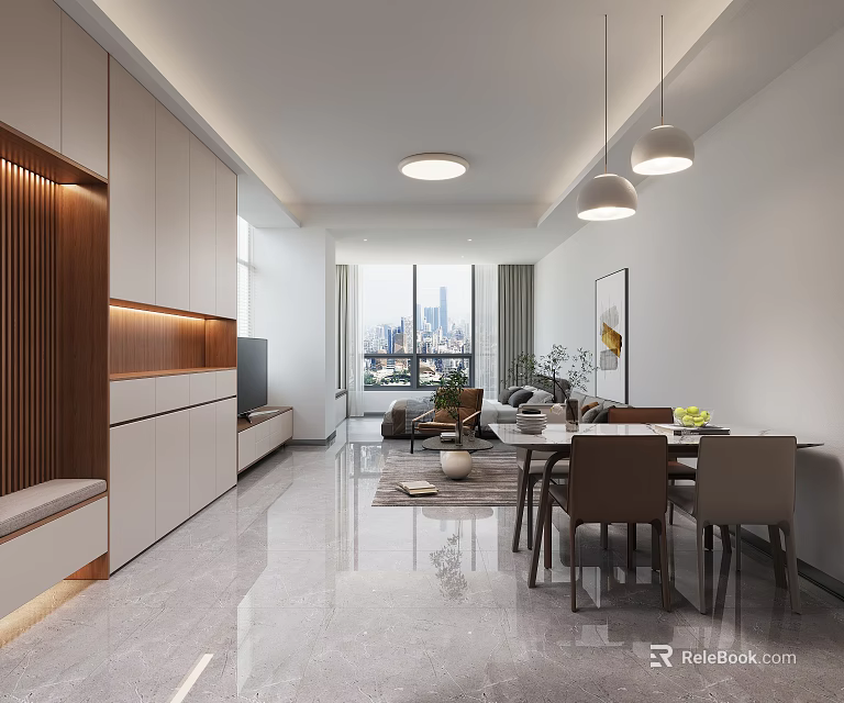 Modern Apartment Interior With Open Living Dining Area City View And Pendant Lights 3d model 