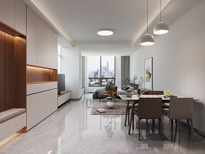 Modern Apartment Interior With Open Living Dining Area City View And Pendant Lights 3d model