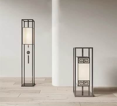 Modern Chinese Style Floor Lamps With Black Metal Frame White Shade And Decorative Details 3d model