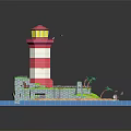 Red And White Striped Lighthouse Model On Island With Green Area Small Bridge And Water