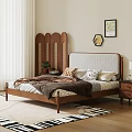 Double Bed with Wooden Headboard Cozy Bedding Pillows Nightstand Lamp Decorative Paintings Green Plant Rug