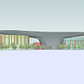 Modern Architectural Building With Canopy Roof Red Structure And Glass Facade
