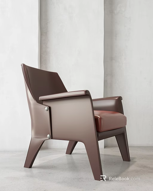 Modern Brown Leather Leisure Chair With Armrest And Light Colored Wall 3d model 