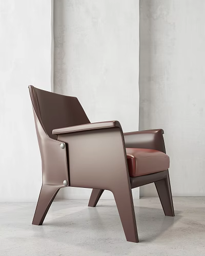 Modern Brown Leather Leisure Chair With Armrest And Light Colored Wall 3d model
