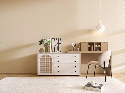 Modern Vanity Dresser With Drawers Mirror Green Plant Pendant Light And Accent Chair 3d model