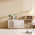 Modern Vanity Dresser With Drawers Mirror Green Plant Pendant Light And Accent Chair