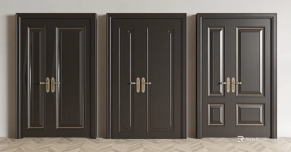 Modern Double Door Interior Designs With Dark Finish And Decorative Metal Handles 3d model 