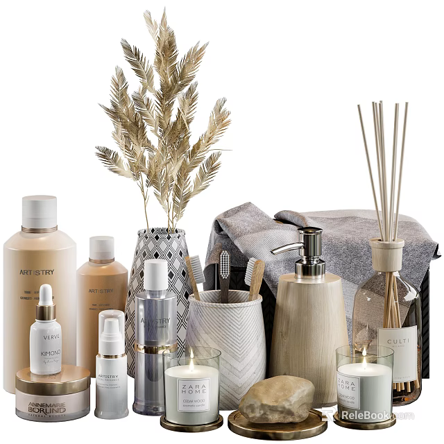 Modern Bathroom Accessories Set with Bottles Candles Diffusers and Plants 3d model