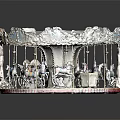 Classic Carousel Amusement Ride With Ornate Top Colorful Horses And Striped Base