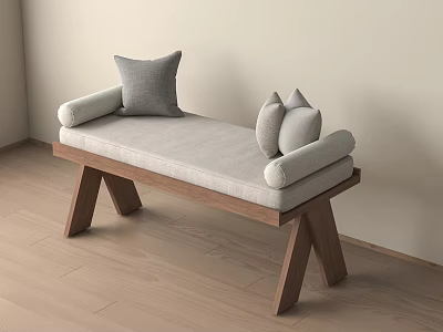 Modern Wooden Legged Bench With Gray Cushion And Pillows In Light Room 3d model