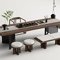 Modern Minimalist Tea Table Set With Wooden Frame Stone Top Stools And Tea Utensils