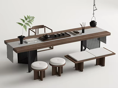 Modern Minimalist Tea Table Set With Wooden Frame Stone Top Stools And Tea Utensils 3d model