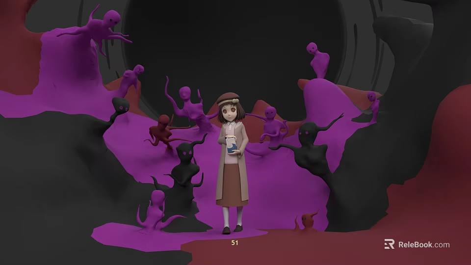 Game Character Girl Holding Glass Bottle Surrounded by Purple Creatures in Dark Cave 3d model 