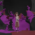 Game Character Girl Holding Glass Bottle Surrounded by Purple Creatures in Dark Cave