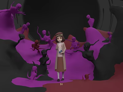 Game Character Girl Holding Glass Bottle Surrounded by Purple Creatures in Dark Cave 3d model
