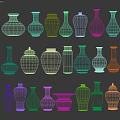 Assorted Ceramic Vessels Featuring Traditional Blue And White Patterns Various Shapes And Colors 3d model
