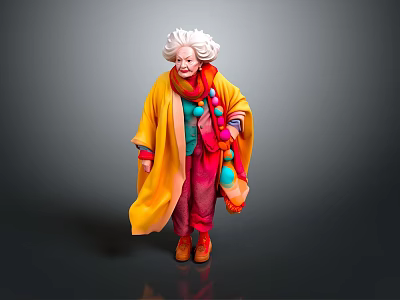 Elderly Lady With White Hair In Yellow Shawl Colorful Scarf Red Pants Orange Shoes 3d model