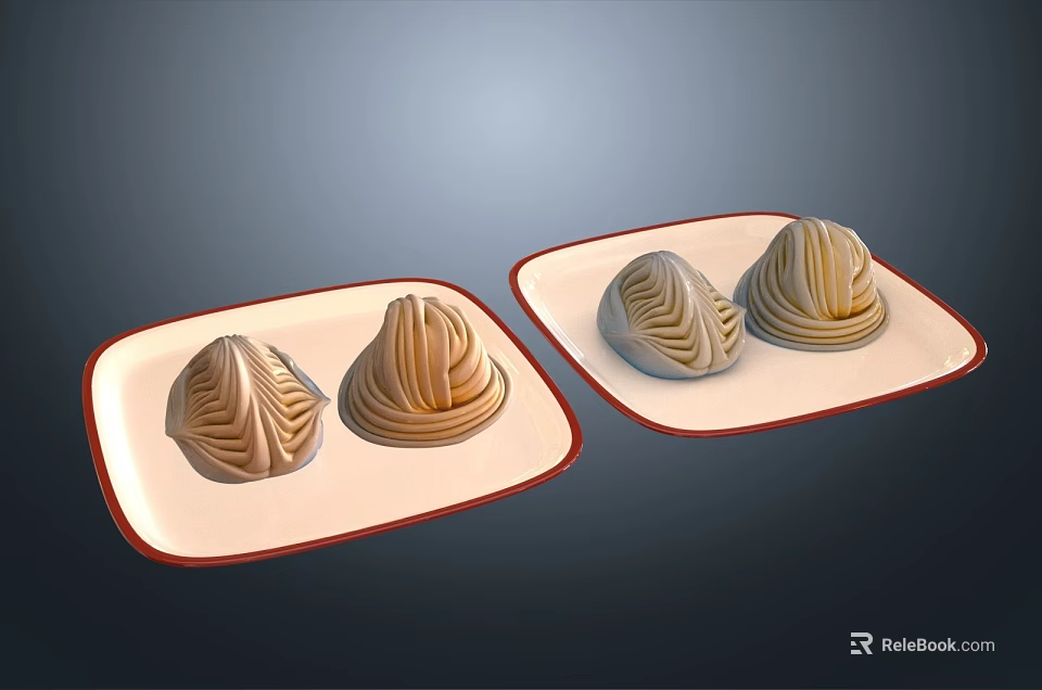 Spiral Shaped Pastries On White Plates With Red Edges Two Per Plate 3d model 