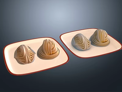 Spiral Shaped Pastries On White Plates With Red Edges Two Per Plate 3d model