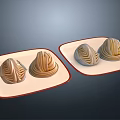Spiral Shaped Pastries On White Plates With Red Edges Two Per Plate