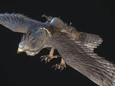 Majestic Eagle Flying with Saddle Like Gear Against Dark Background 3d model