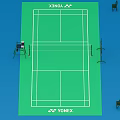 Green Badminton Court With White Lines Umpire Chair Scoreboard And Seats