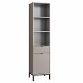 Modern Minimalist Gray Shelving Unit With Ribbed Drawer Open Shelves And Decorative Balls