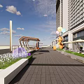 Vibrant Commercial Landscape With High Rise Buildings Yellow Bear Balloons And Orange Decorations