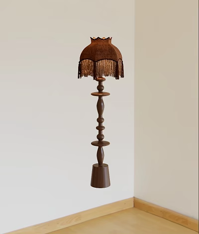 Vintage Floor Lamp with Brown Fringed Shade and Wooden Stacked Circular Column 3d model
