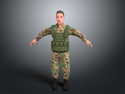 Military Character In Camouflage Uniform With Green Tactical Vest And Arms Outstretched Against Gray Background 3d model