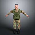 Military Character In Camouflage Uniform With Green Tactical Vest And Arms Outstretched Against Gray Background