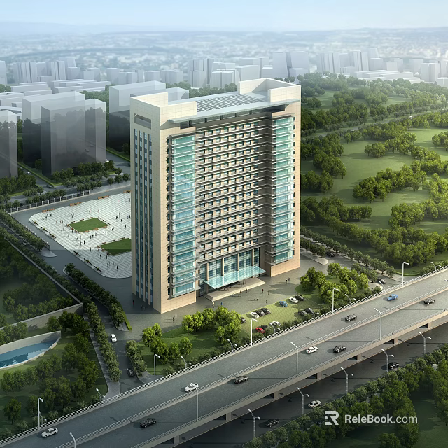 Modern High Rise Office Building With Glass Exterior And Surrounding Greenery Near Urban Road 3d model 