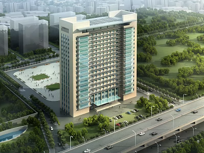 Modern High Rise Office Building With Glass Exterior And Surrounding Greenery Near Urban Road 3d model