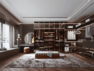 Elegant Modern Walk in Closet with Glass Door Wardrobe Hanging Clothes Drawers Mirror and Bench 3d model