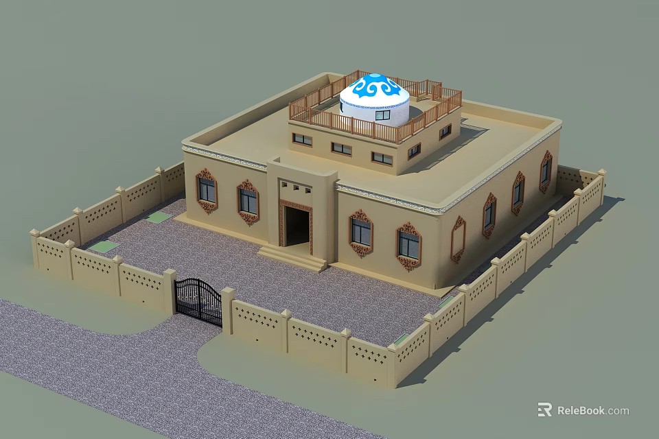 Traditional Style House With Enclosed Wall Gate Blue Dome On Roof Balcony Railing Beige Exterior 3d model 