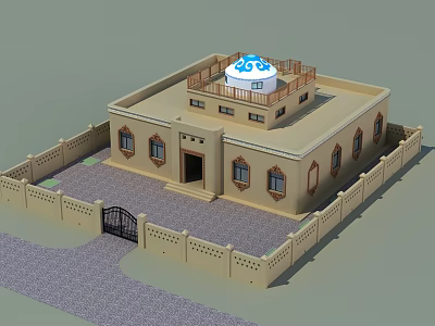 Traditional Style House With Enclosed Wall Gate Blue Dome On Roof Balcony Railing Beige Exterior 3d model
