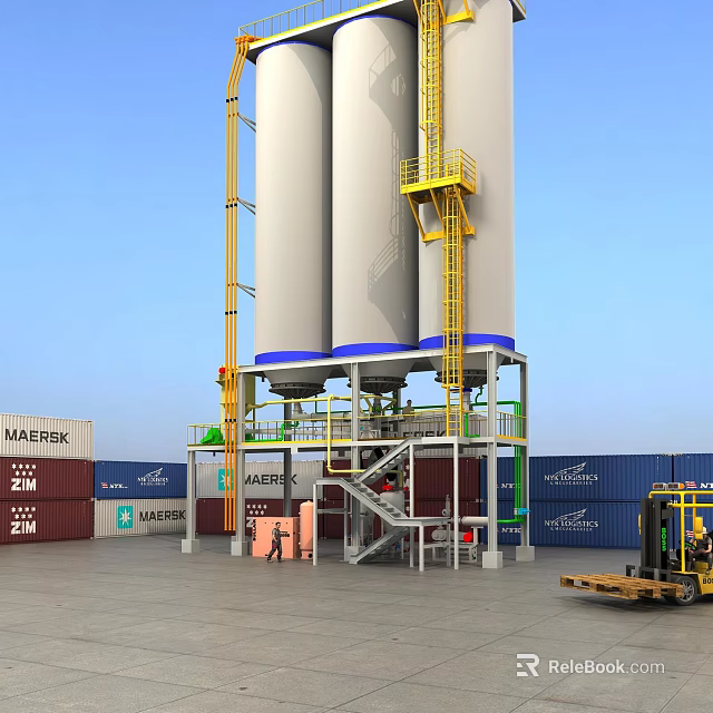 Industrial Equipment With Large Storage Silos Yellow Ladders Platforms Containers And Forklift At Industrial Yard 3d model 