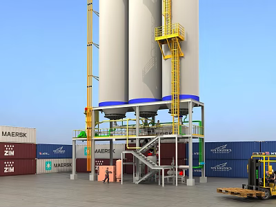 Industrial Equipment With Large Storage Silos Yellow Ladders Platforms Containers And Forklift At Industrial Yard 3d model