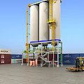 Industrial Equipment With Large Storage Silos Yellow Ladders Platforms Containers And Forklift At Industrial Yard