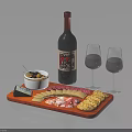 Charcuterie Platter with Sliced Meats Cheese Crackers Dip and Red Wine Glasses