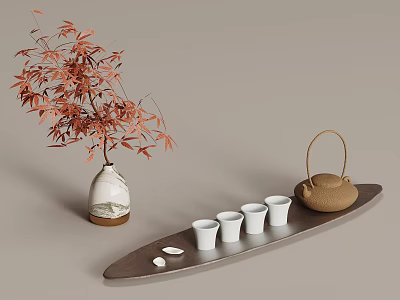 Elegant Tea Set with Ceramic Teapot White Cups and Red Leaf Vase on Tray 3d model