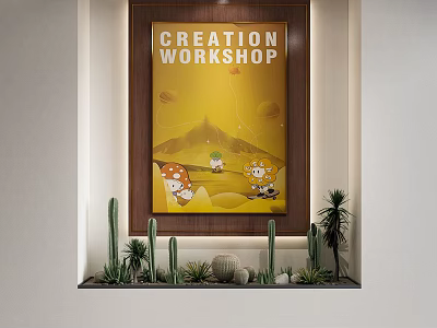 Green Plant Wall with Cacti Small Plants in Wooden Frame Niche and Creation Workshop Poster 3d model