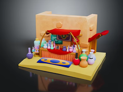 Cartoon Small Shop Scene With Yellow Building Red Awning and Colorful Bottles 3d model