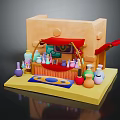 Cartoon Small Shop Scene With Yellow Building Red Awning and Colorful Bottles