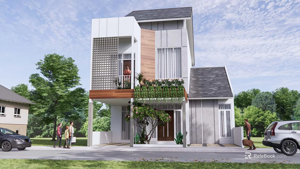 Two Story Modern Detached Villa Exterior Design With Green Plants Balcony And Wooden Elements 3d model 