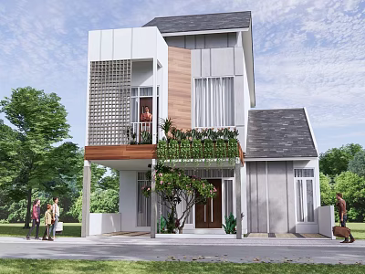 Two Story Modern Detached Villa Exterior Design With Green Plants Balcony And Wooden Elements 3d model
